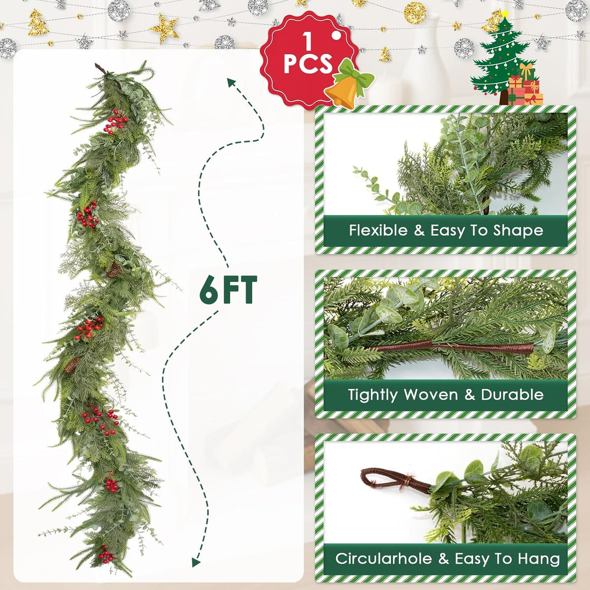 6FT Christmas Garland Norfolk Pine Tree Artificial Cedar Eucalyptus Greenery, Realistic Pine