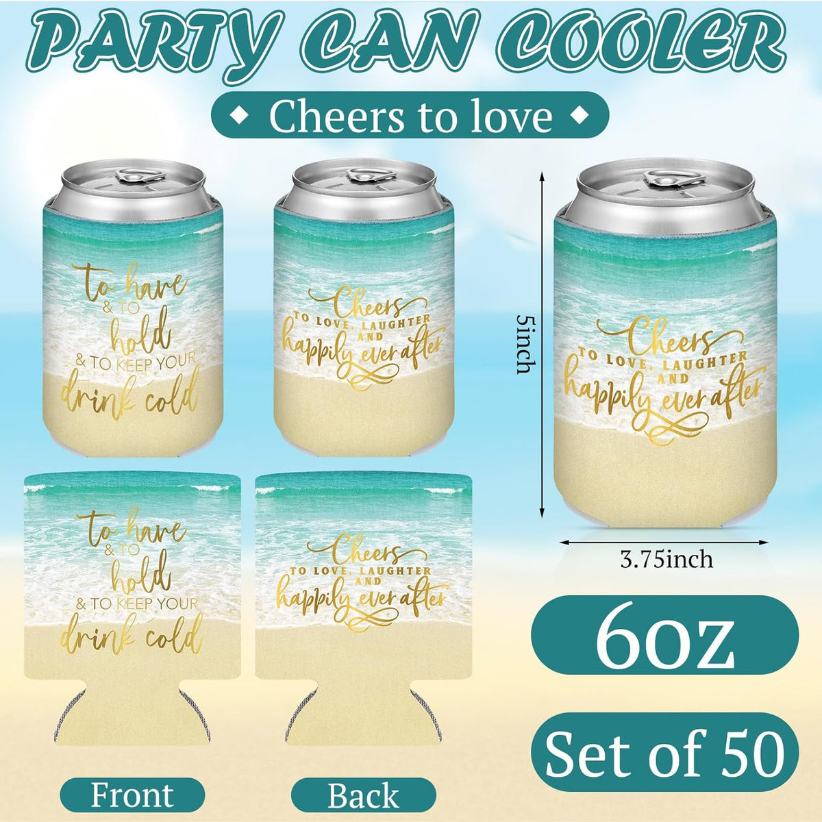 50 Pieces Beach Theme Wedding Can Cooler Bulk Engagement Party Favors for Guests Cheers to Love