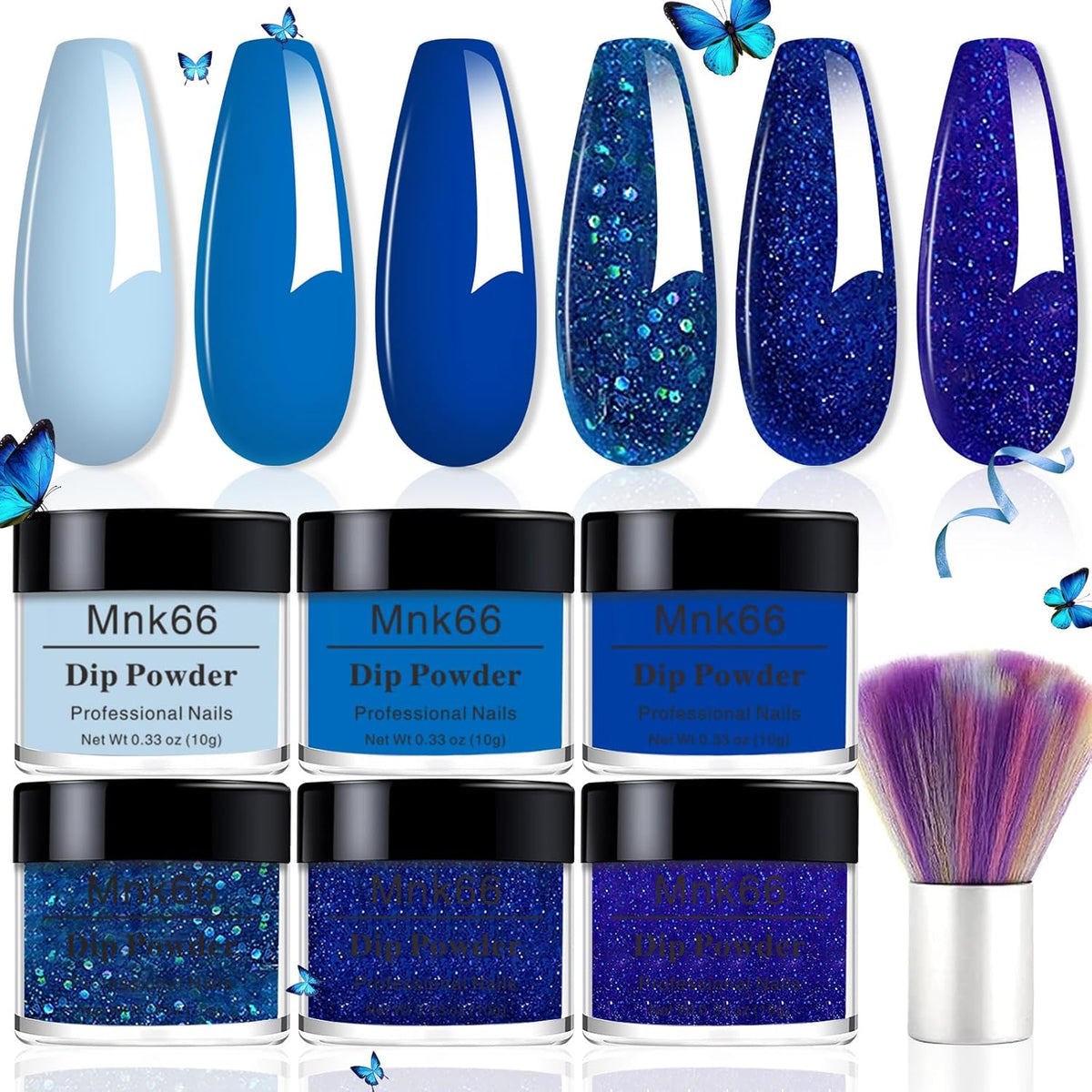6 Colors Dip Powder Set, Royal Blue Glitter Dipping Powder Color Set, Glossy Nail Art Manicure DIY