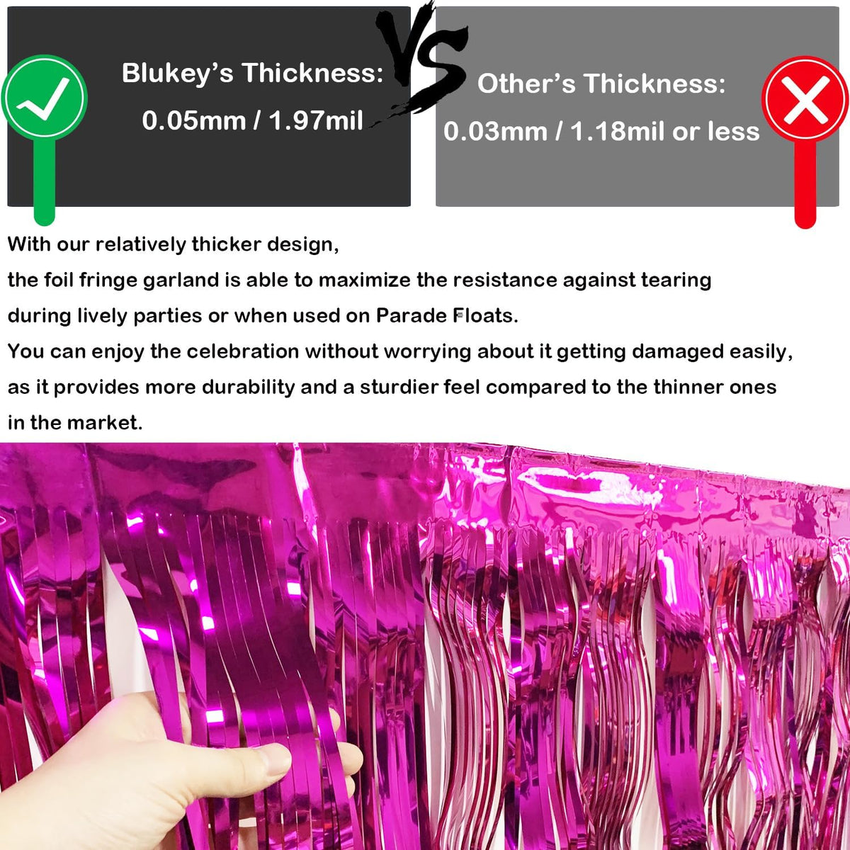 Thick 10 feet by 15 inches Fuchsia Foil Fringe Garland - Pack of 3 | Shiny Metallic Tassle Banner