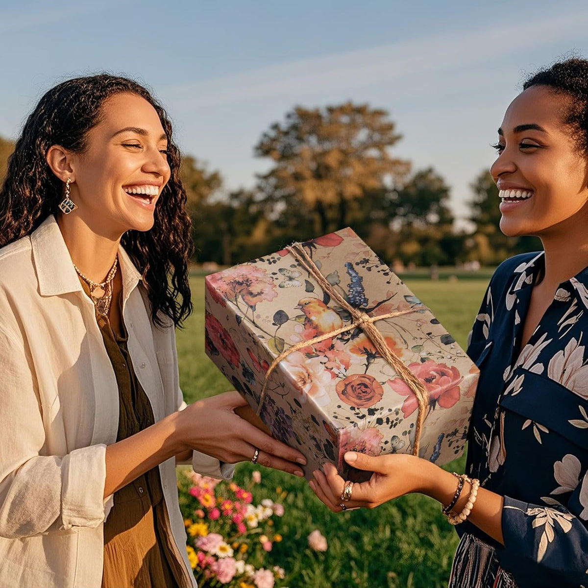 RUSPEPA Blooming Flower Wrapping Paper with Bird and Butterfly Design, 17 in x 32.8 ft Each Roll