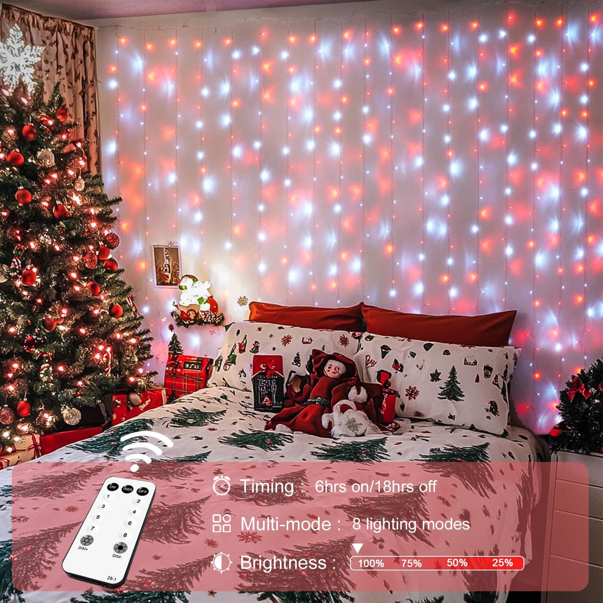 JMEXSUSS 300LED Red and White Christmas Curtain Lights with Remote, 9.8x9.8ft Christmas String