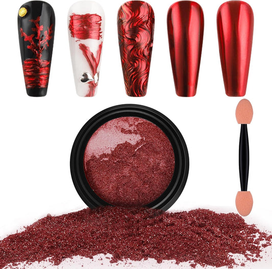 Artdone Chrome Nail Powder,Red Iridescent Aurora Powder Metallic Mirror Effect Pigment Pearlescent