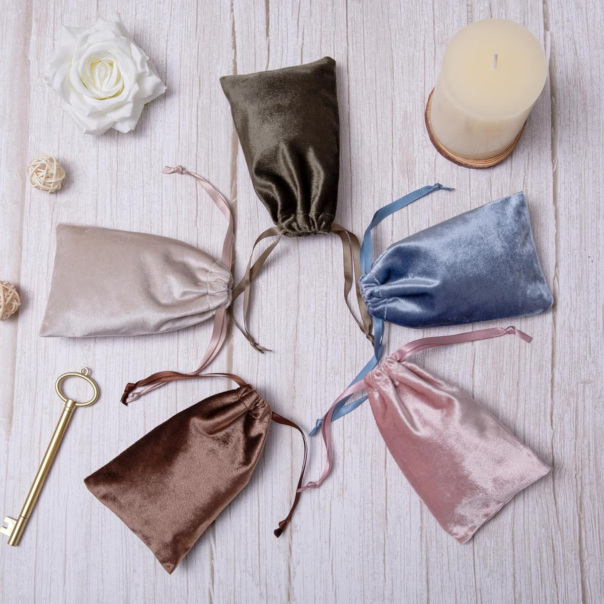 QIANF 12pcs Light Champagne Velvet Drawstring Bags 3x4 inches Glossy Small Velvet Cloth Gift Bags