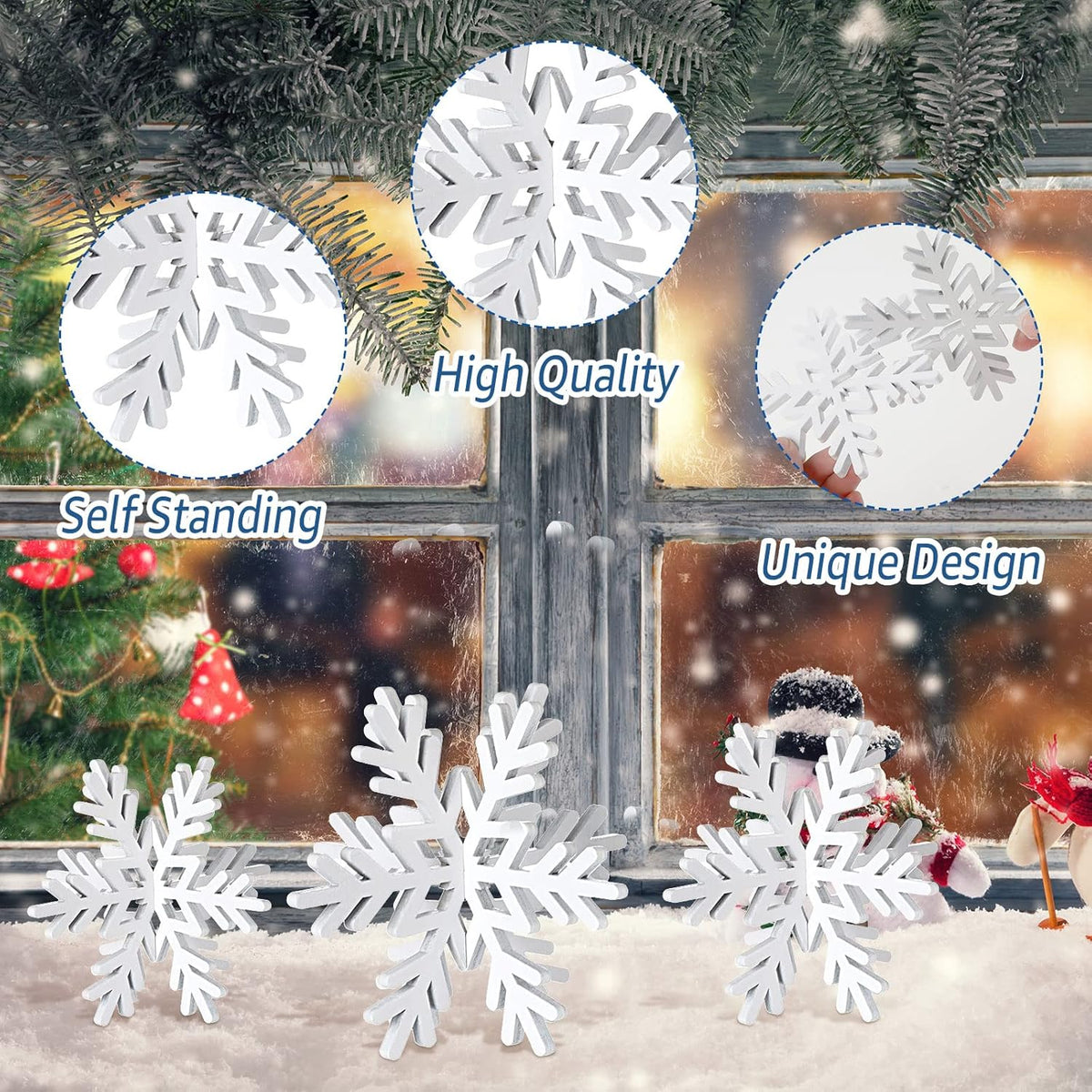 Bucherry 12 Pcs Wooden Snowflake Table Decor 3D Snowflake Tabletop Signs and Centerpiece for