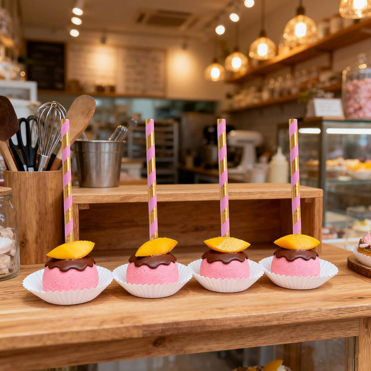 Paper Straws for drinking - Pink Gold Striped Biodegradable Disposable Paper Straws, 7.75 Inch, 100