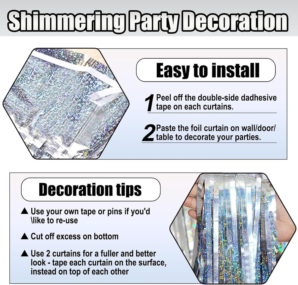 3 Pack Silver Foil Fringe Curtain Backdrop, 3.28Ft x 8.2Ft Metallic Tinsel Foil Fringe Streamer
