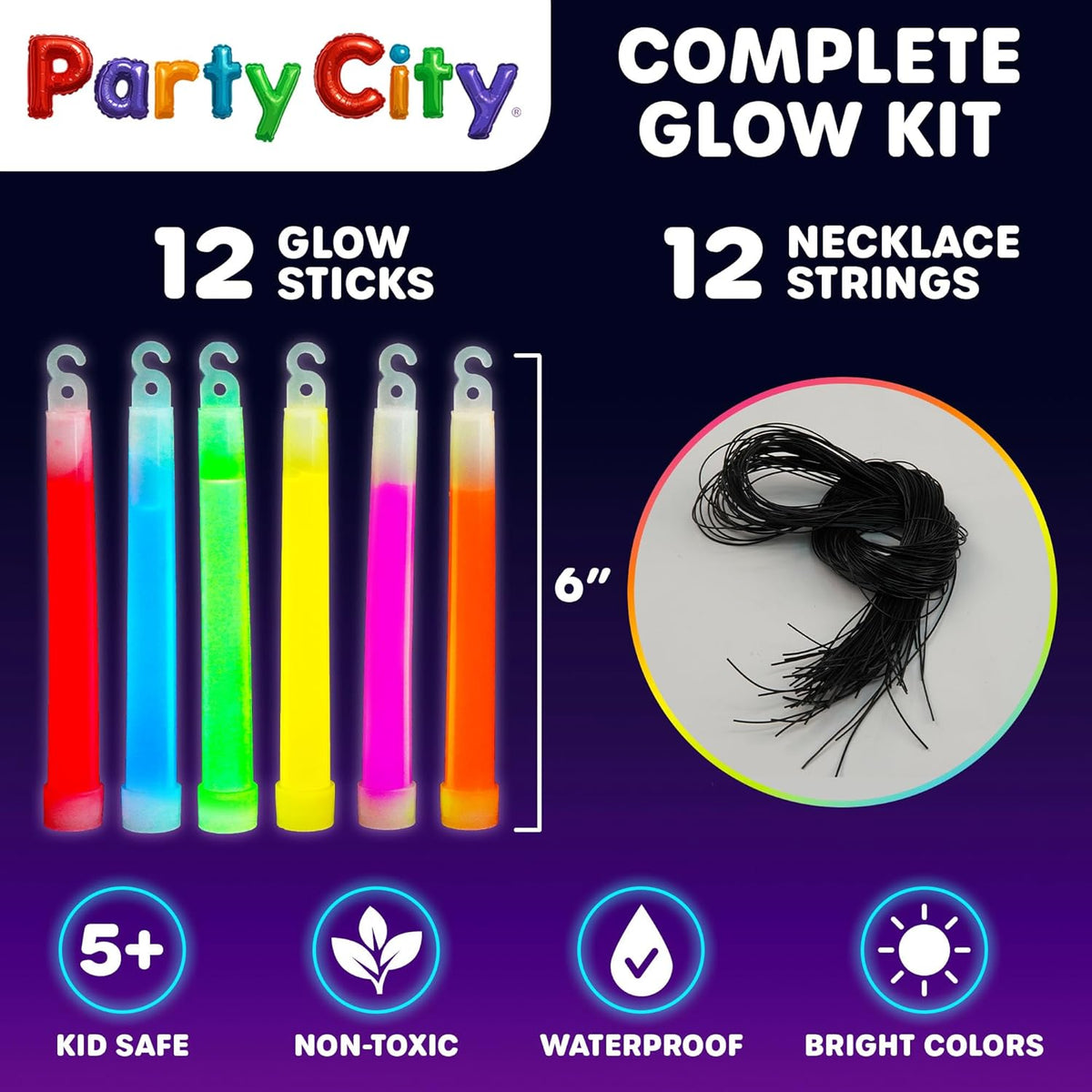 Party City Multicolor Glow Sticks Bulk Pack 6”- 12pk Glow in the Dark Sticks for Kids, Waterproof