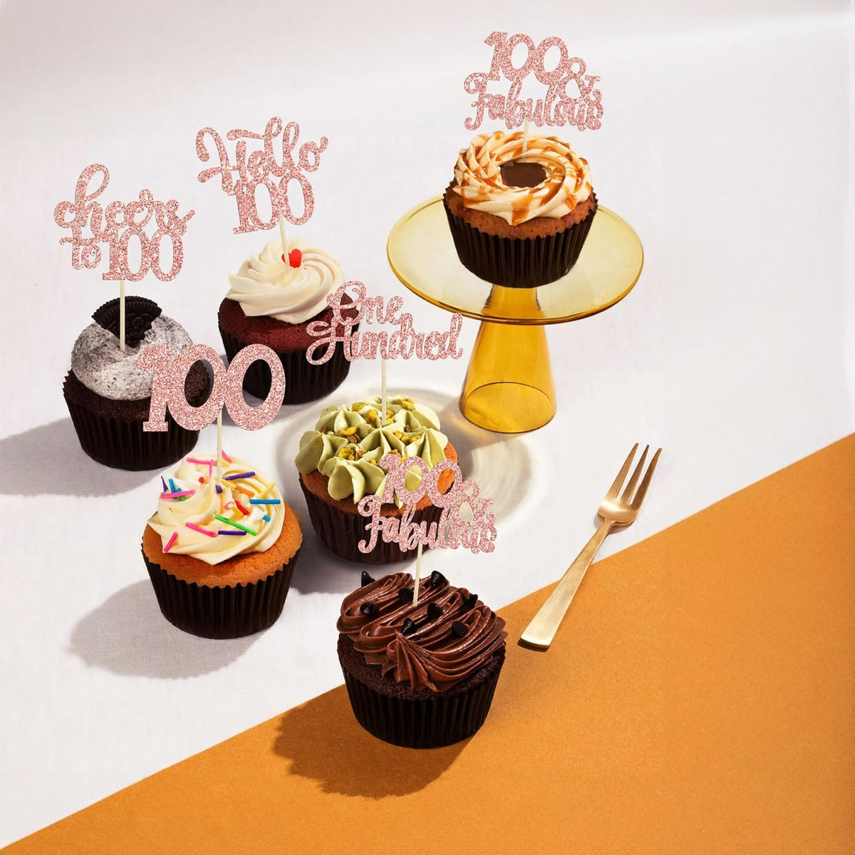 30pcs Happy 100th Birthday Cupcake Toppers - Rose Gold Glitter One Hundred Cheers to 100 Years Old