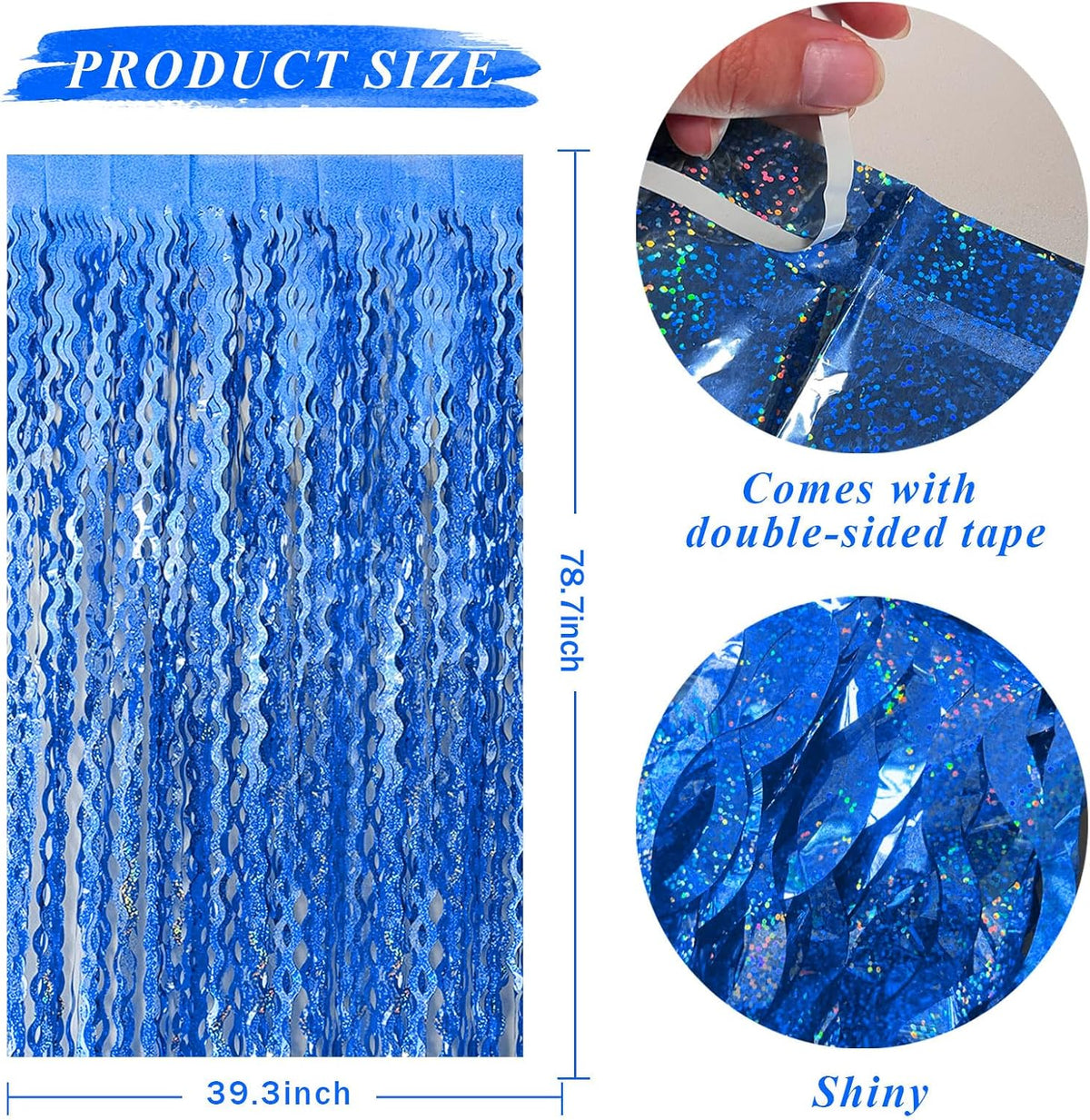 Blue Tinsel Foil Fringe Curtains Wavy Backdrop for Parties Sparkle Metallic Wavy Foil Fringe