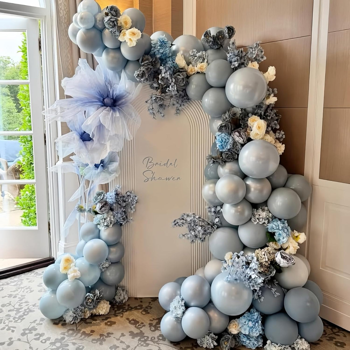 Dusty Blue and White Balloons, Double Stuffed Pearl Light Baby Metallic Chrome Slate Blue Pearl