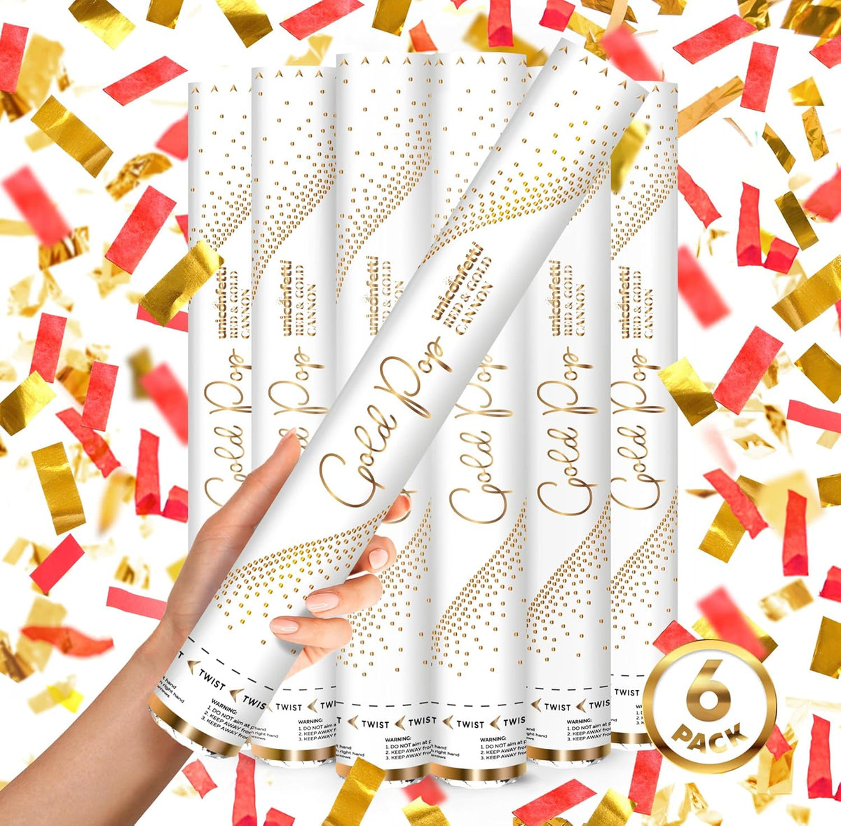 RED & GOLD Confetti Poppers - 16" BIODEGRADABLE RED & GOLD Confetti Cannon, Party Poppers