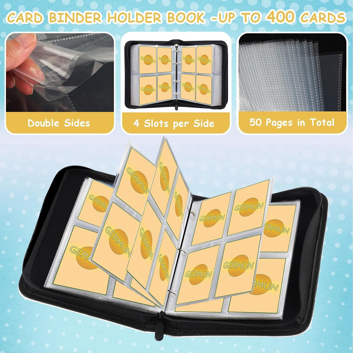 4 Pocket Card Binder, Premium Zip Trading Card Binder, 400 Double Sided Pocket PU Card Collection