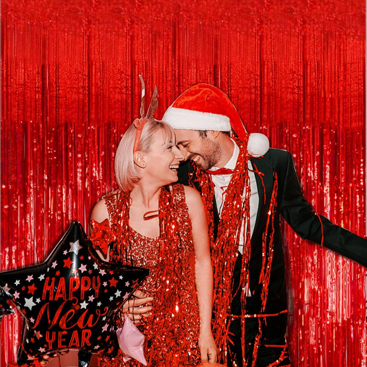 5 Pack Foil Curtain Backdrop Red Metallic Tinsel Foil Fringe Curtains Photo Booth Props for