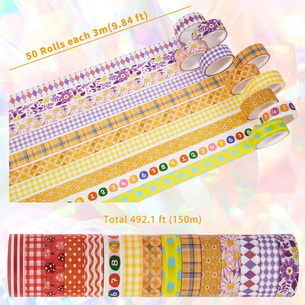 emmoolife 50 Rolls Washi Tape Set, 15mm Wide Rainbow Colored Tape Aesthetic Design Masking
