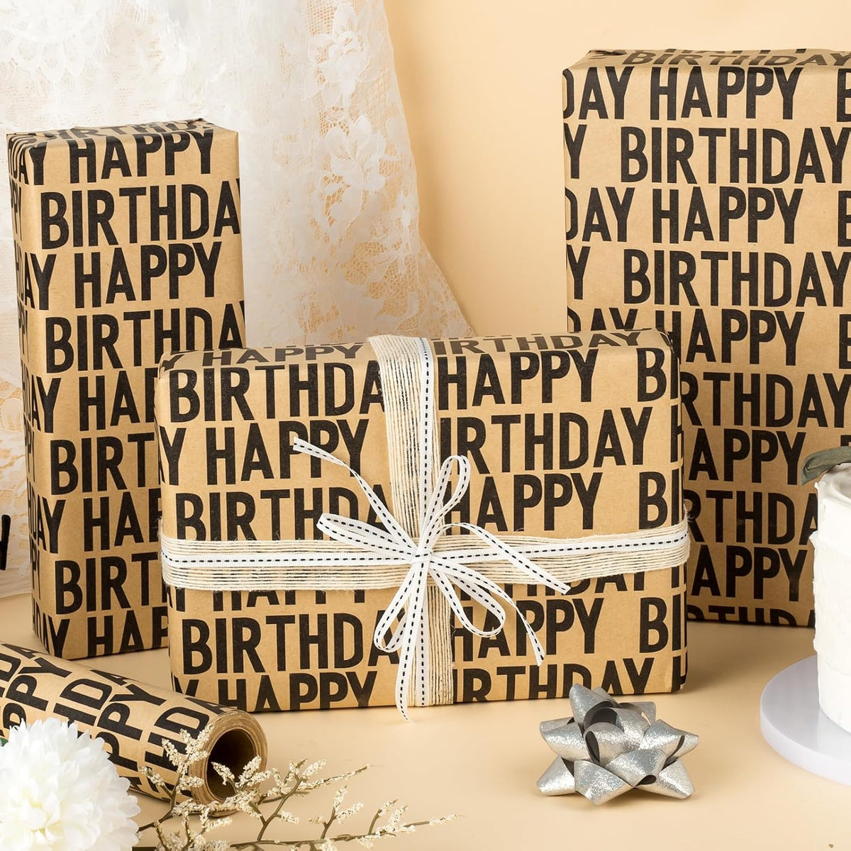 Yarcony Birthday Kraft Wrapping Paper Roll, Mens Gift Wrapping Paper - 17 Inch x 33 Feet - Vintage