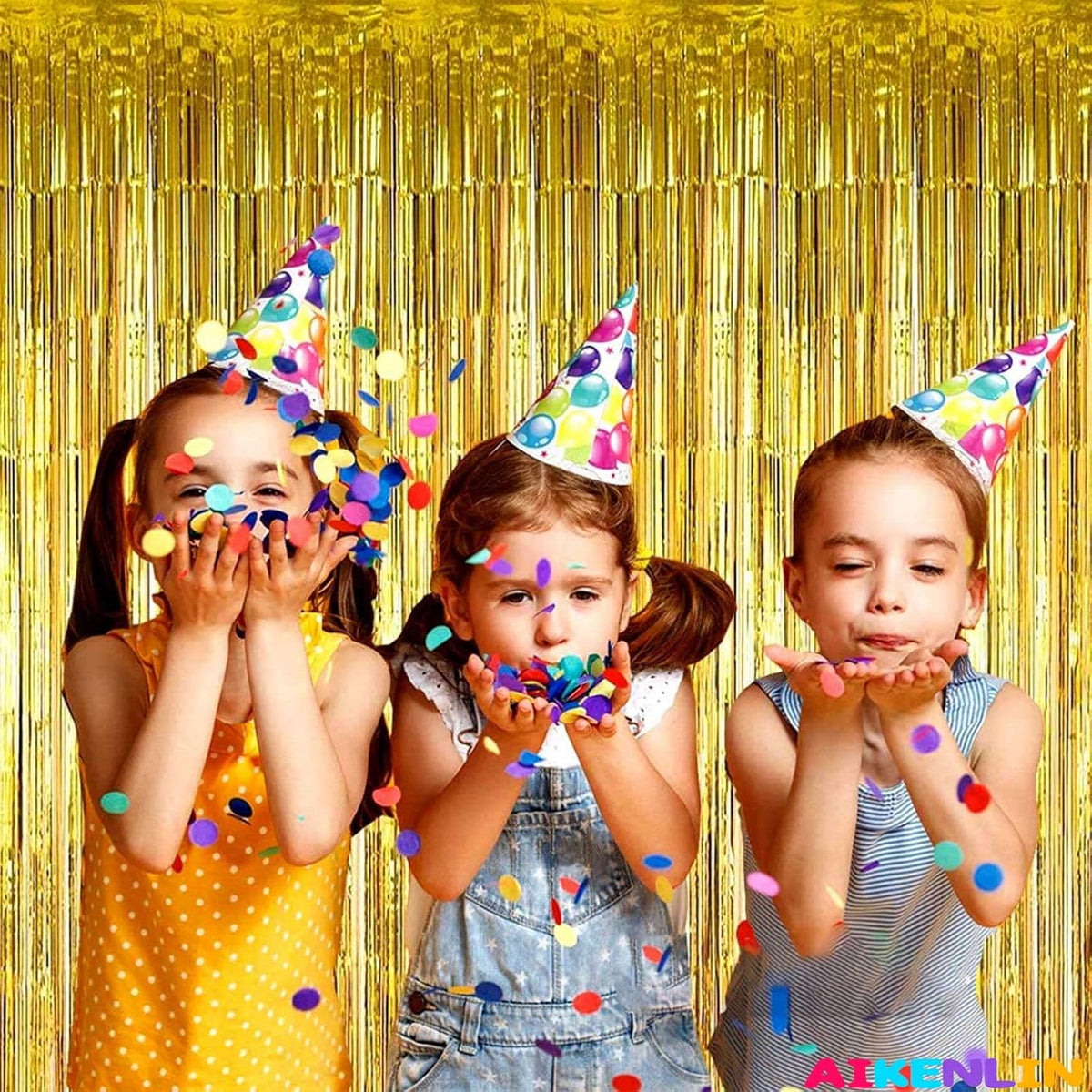 4 Pack Gold Foil Fringe Curtain Backdrop, 3.28Ft x 9.84Ft Metallic Tinsel Foil Fringe Streamers