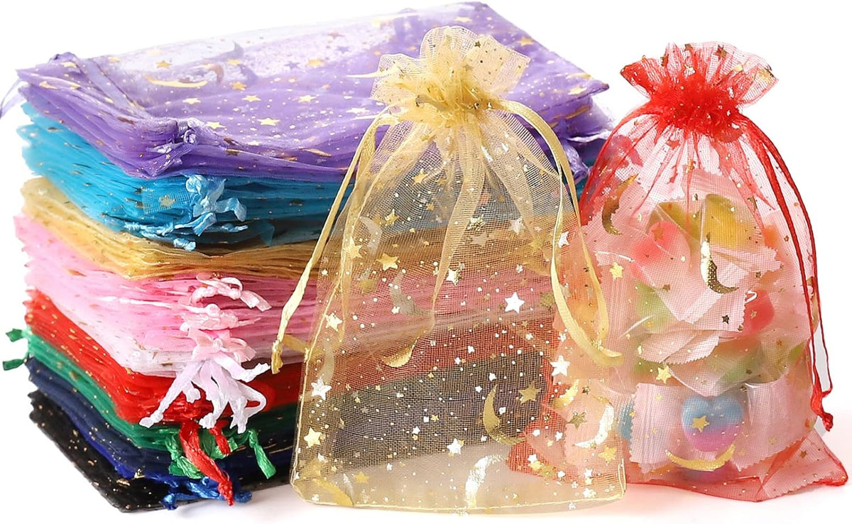 100PCS Moon Star Organza Bags, 4x6" Wedding Favors Bags with Drawstring, Mixed Color Little Mesh