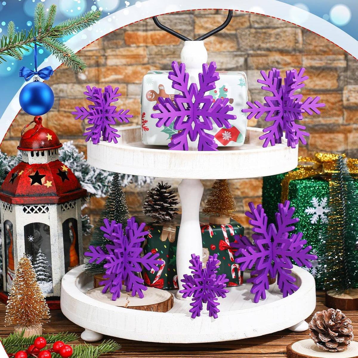 Bucherry 12 Pcs Wooden Snowflake Table Decor 3D Snowflake Tabletop Signs and Centerpiece for