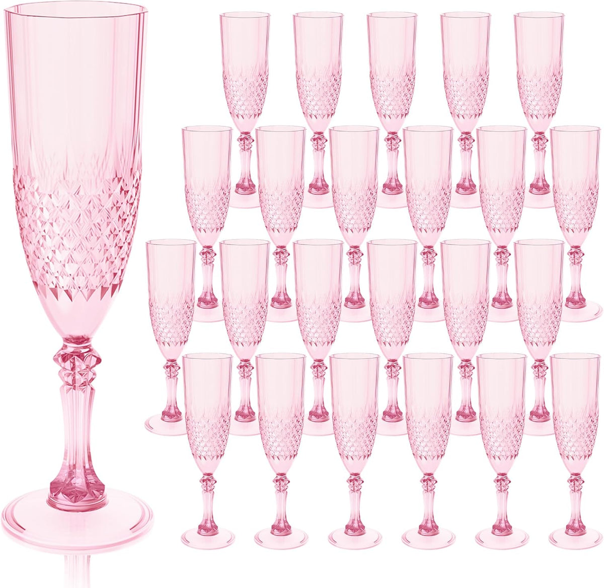 Plastic Champagne Flutes, 24PCS Pink Wine Glasses Goblets Cups Reusable Flute, for Weddings