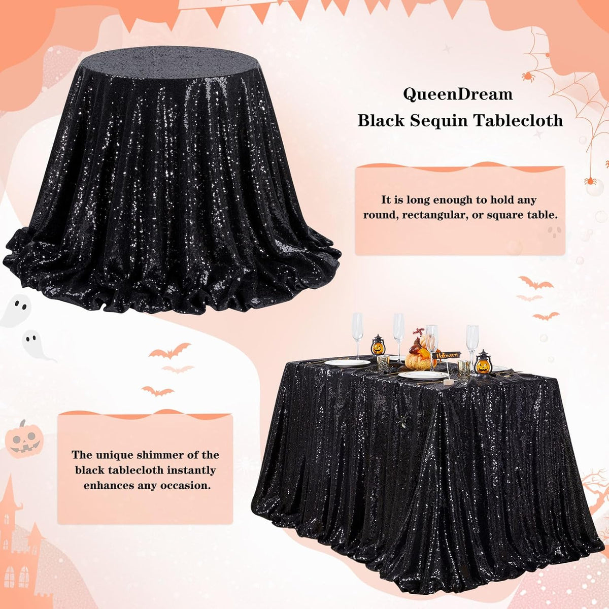 QueenDream Black Party Decorations Sequin Tablecloth: Glitter Overlay 90x90 Inch Table Drapes for
