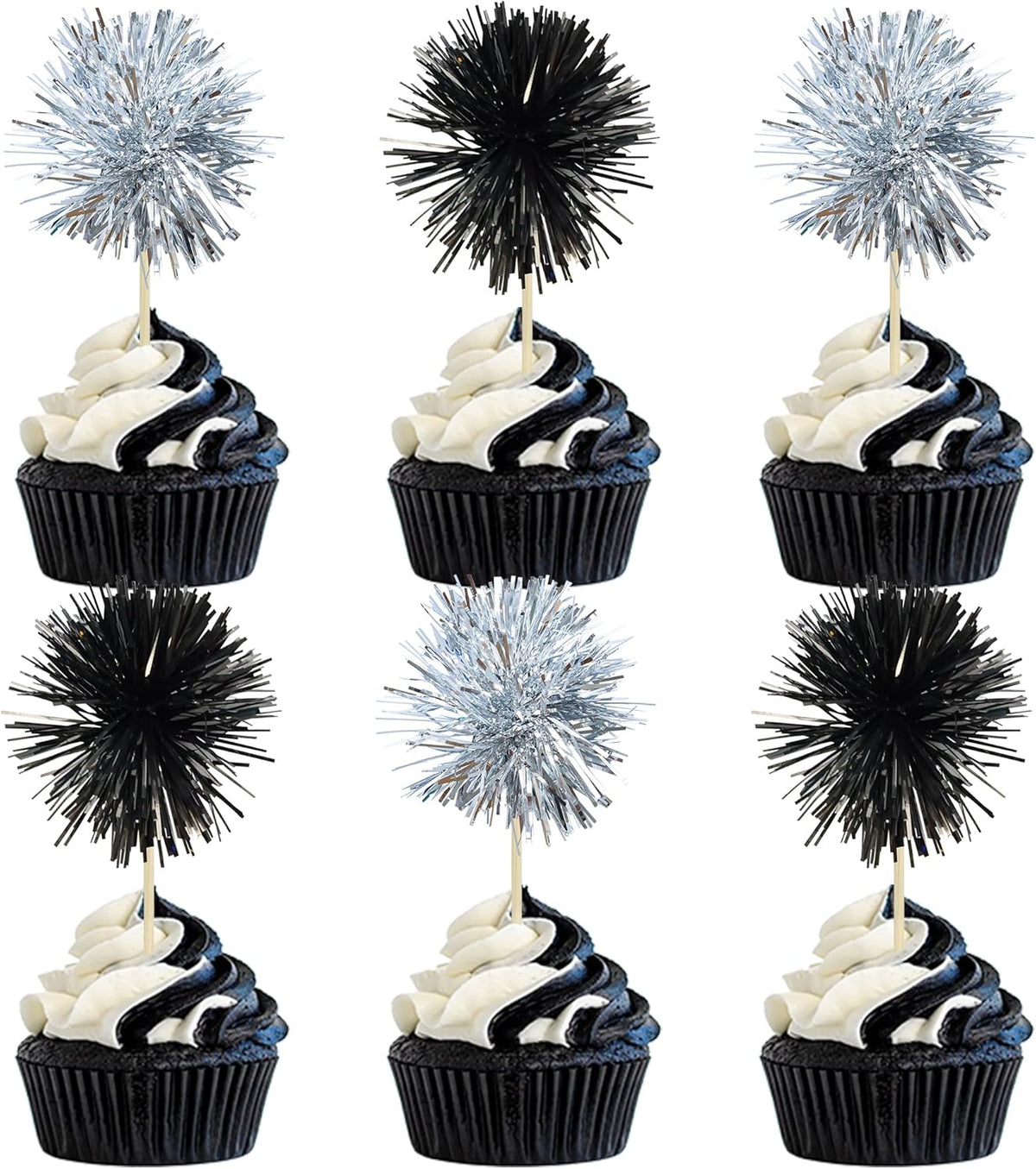 Gyufise 30Pcs Foil Firework Cupcake Toppers Sparkle Tinsel Cake Toppers Tinsel Drink Cake