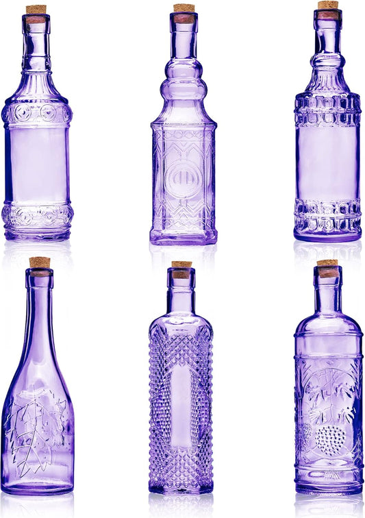 Assorted Purple Glass Bottles with Corks, 6 Pack, 2.5in X 9in, 16oz