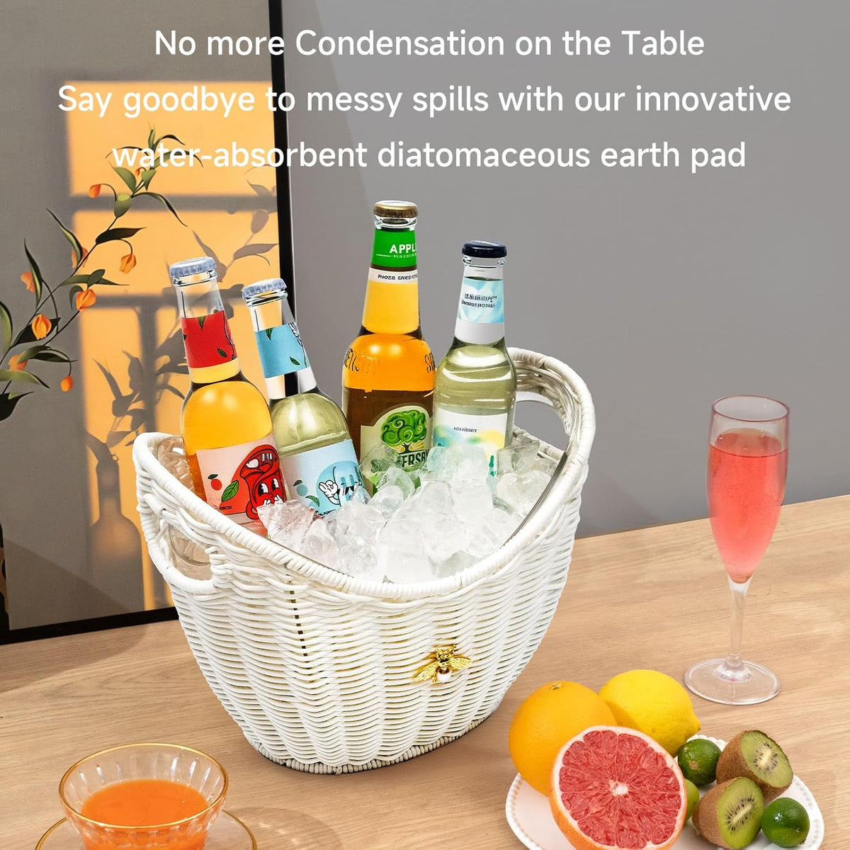 Lexenic Ice Bucket with Handle Hole, Woven and Acrylic Double Layer Basket Design, 4L Champagne