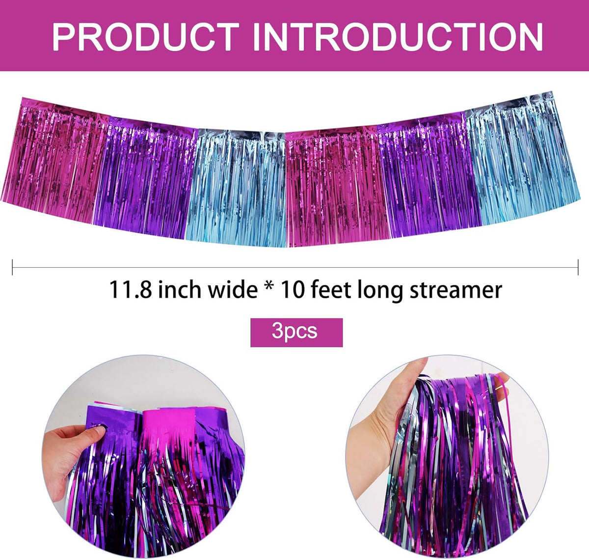 BEISHIDA 3 Packs Metallic Foil Fringe Garland Blue Purple Pink Wall Hanging Tinsel Fringe Banners