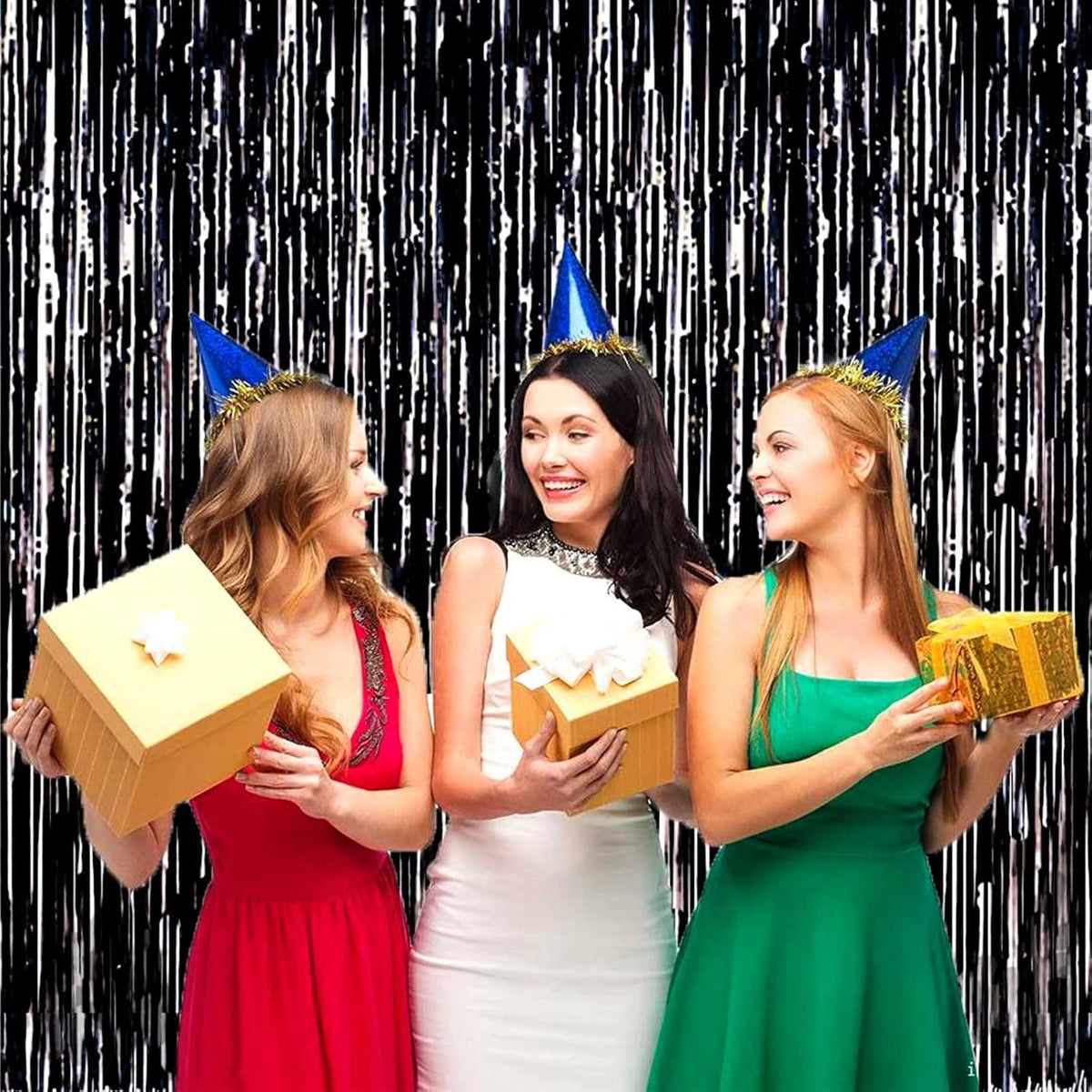 4 Pack Black Foil Fringe Curtain Backdrop, 3.28Ft x 8.2Ft Metallic Tinsel Streamers Curtains for