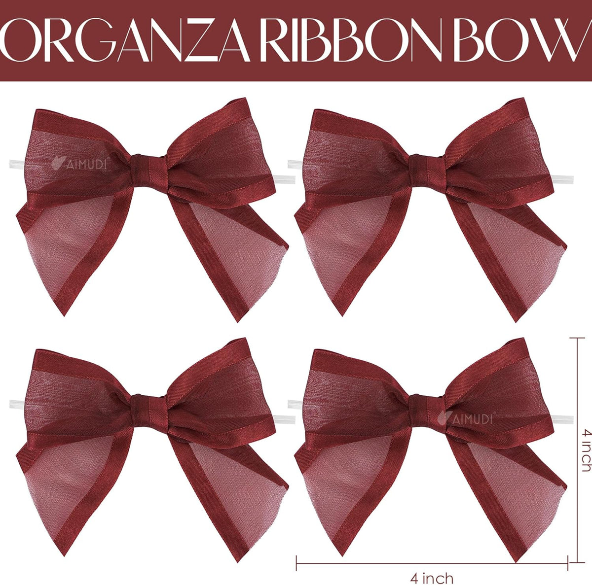 AIMUDI Burgundy Bows for Crafts 4" Organza Bows Premade Twist Ties Bows for Gift Wrapping Crafts