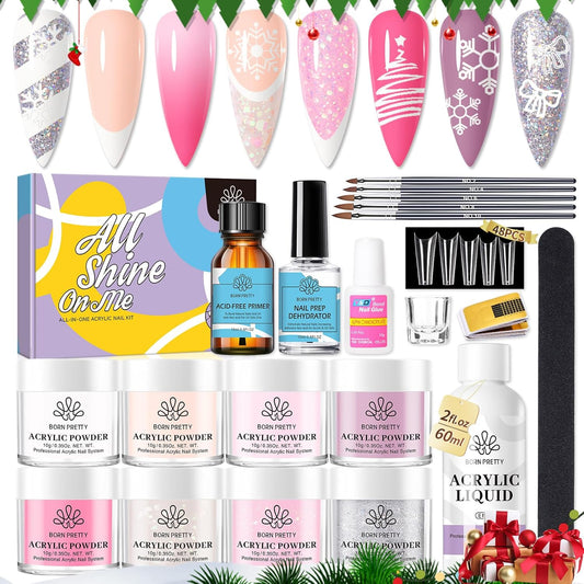 BORN PRETTY Acrylic Nail Kits Full Set,87PCs Pink White Clear Glitter Grey Acrylic Powder and