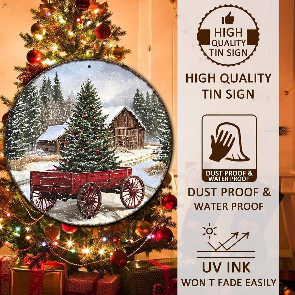 Round Barn Christmas Trees Metal Tin Sign Christmas Vintage Tin Sign Poster For Kitchen Cafe Bar