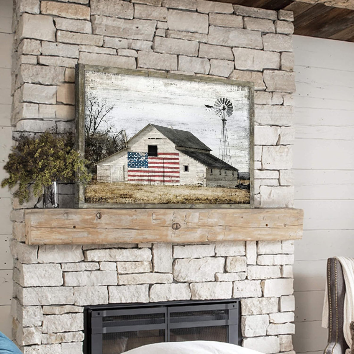 Rustic Landscape Wooden Picture Artwork - Neutral Color Barn with USA Flag Accent Windmill Painting
