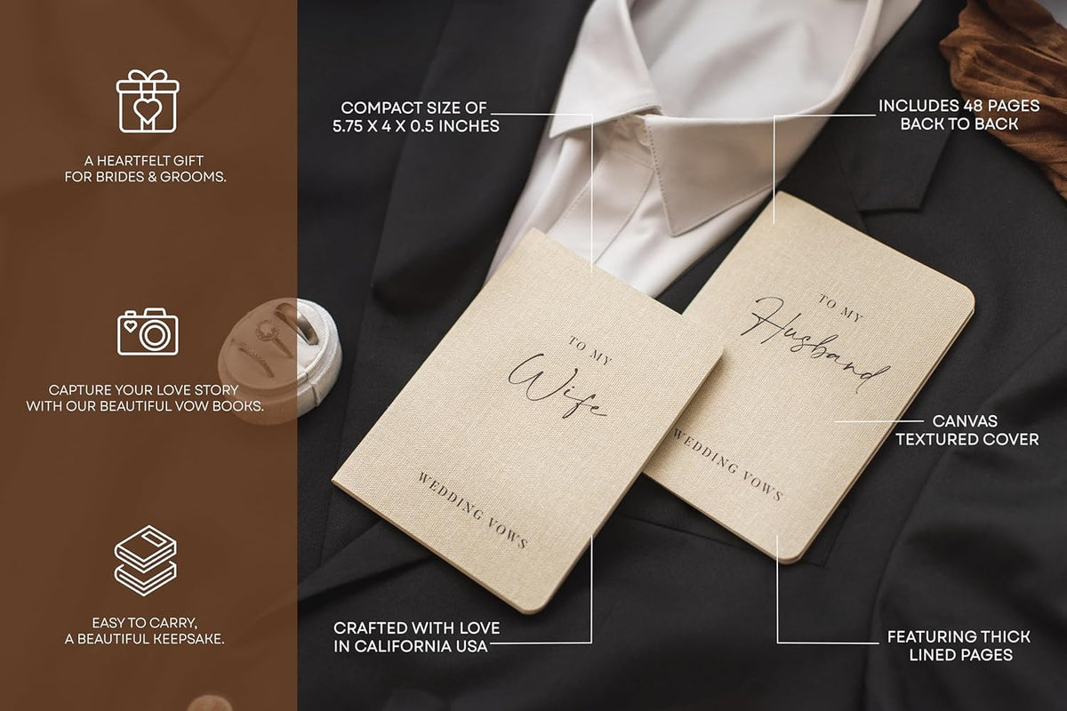 Slim Vow Books (Set of 2 - Design 2) - Soft Cream Canvas Linen Textured Cover Wedding Vow Booklets