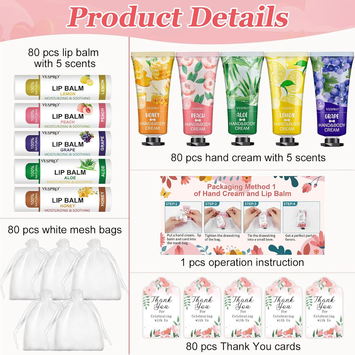 80 Sets Bulk Hand Cream and Bulk Lip Balm Gifts, Bridesmaid Gifts, Baby Shower Party Favors and