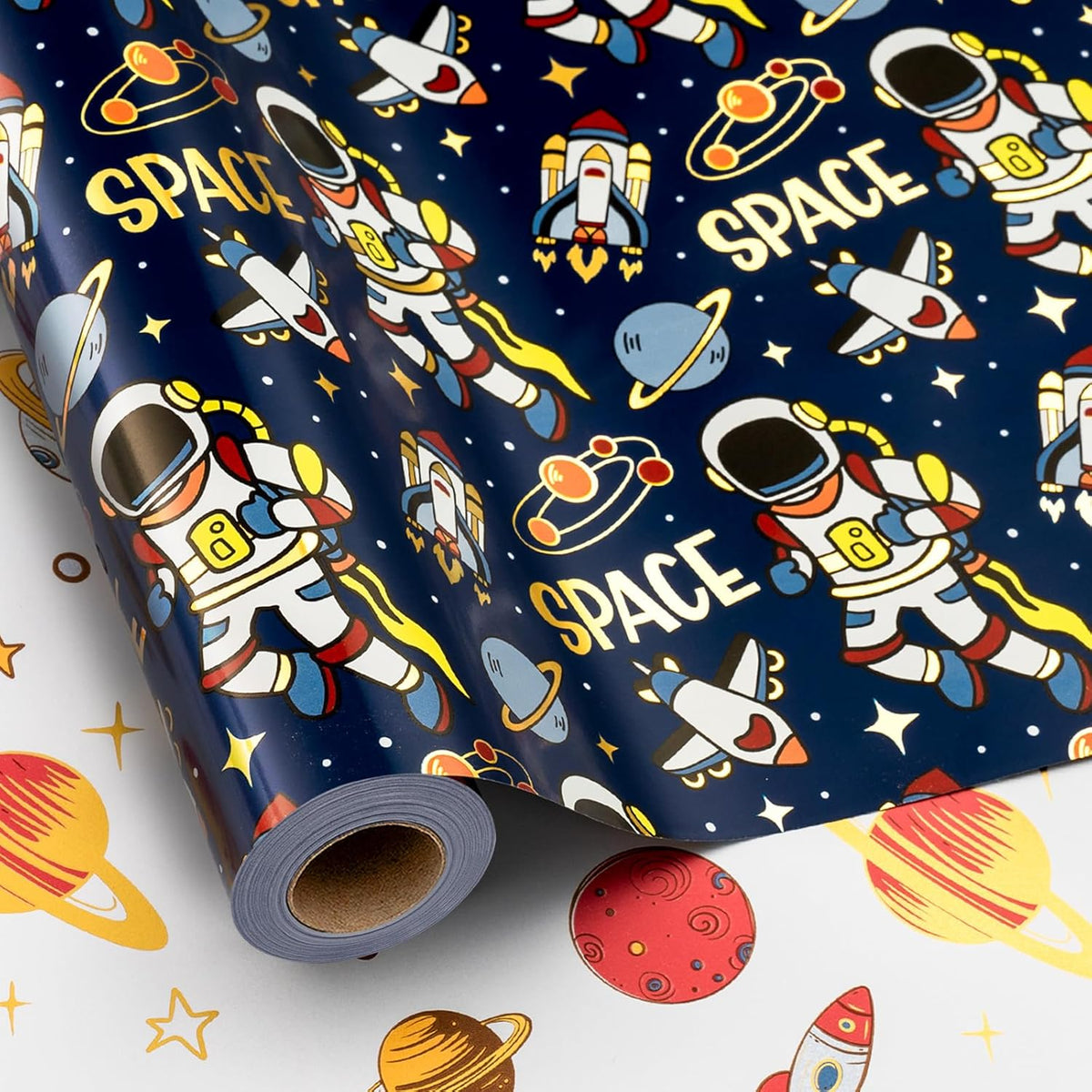 Yarcony Space Wrapping Paper Roll, Birthday Wrapping Paper for Boys, Navy Blue Astronaut Gift Wrap