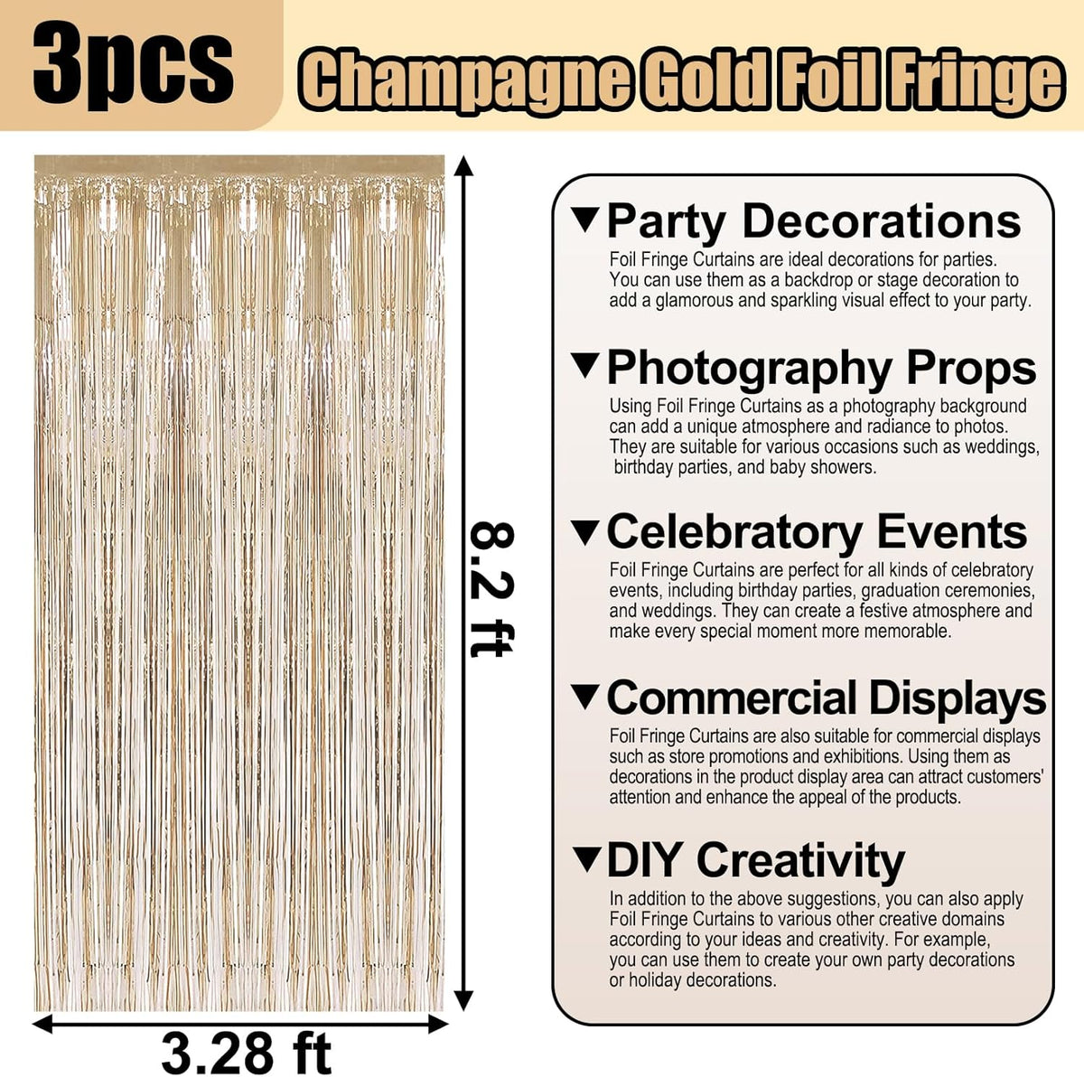 3 Pack Champagne Gold Foil Fringe Curtain Backdrop, 3.28Ft x 8.2Ft Metallic Tinsel Foil Fringe