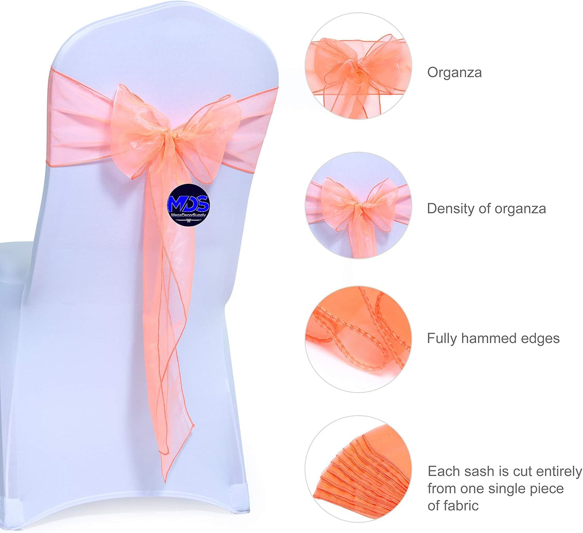 MDS Pack of 250 PCS Organza Chair Sashes Wider Dining Chair Bows Ribbon Tie Back for Wedding Party