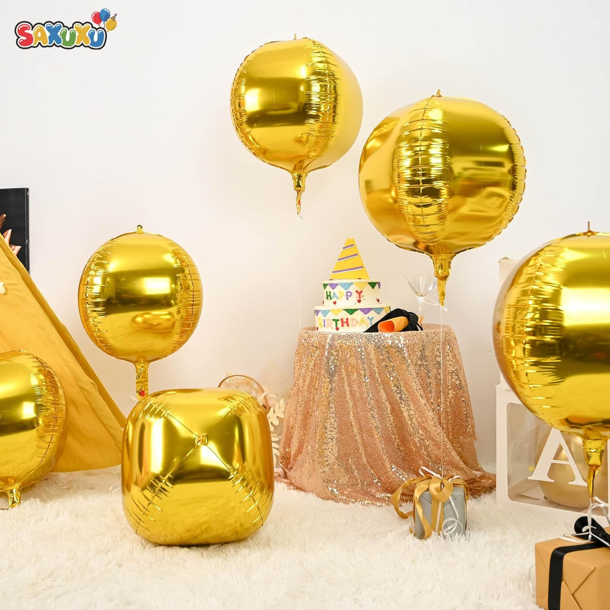 Gold Giant 4D Foil Balloons, Saxuxu 6Pcs Large Metallic Gold Round Balloons, 22 Inch Big Round Foil