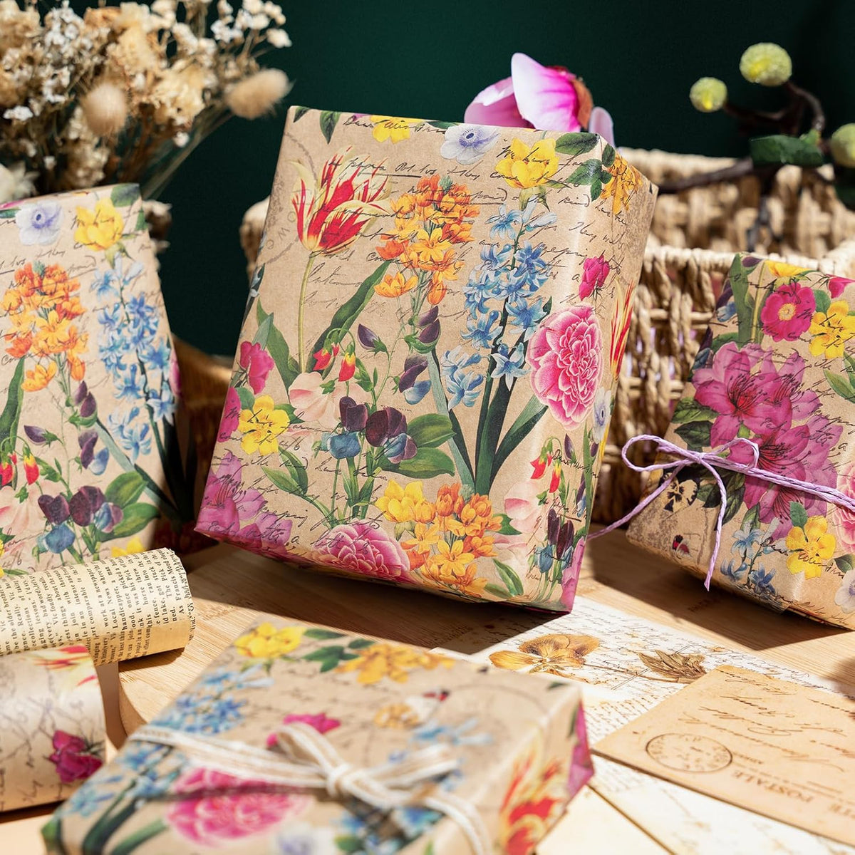 WRAPAHOLIC Kraft Floral Wrapping Paper Roll - Mini Roll - 17 Inch x 33 Feet - All Occasion Vintage