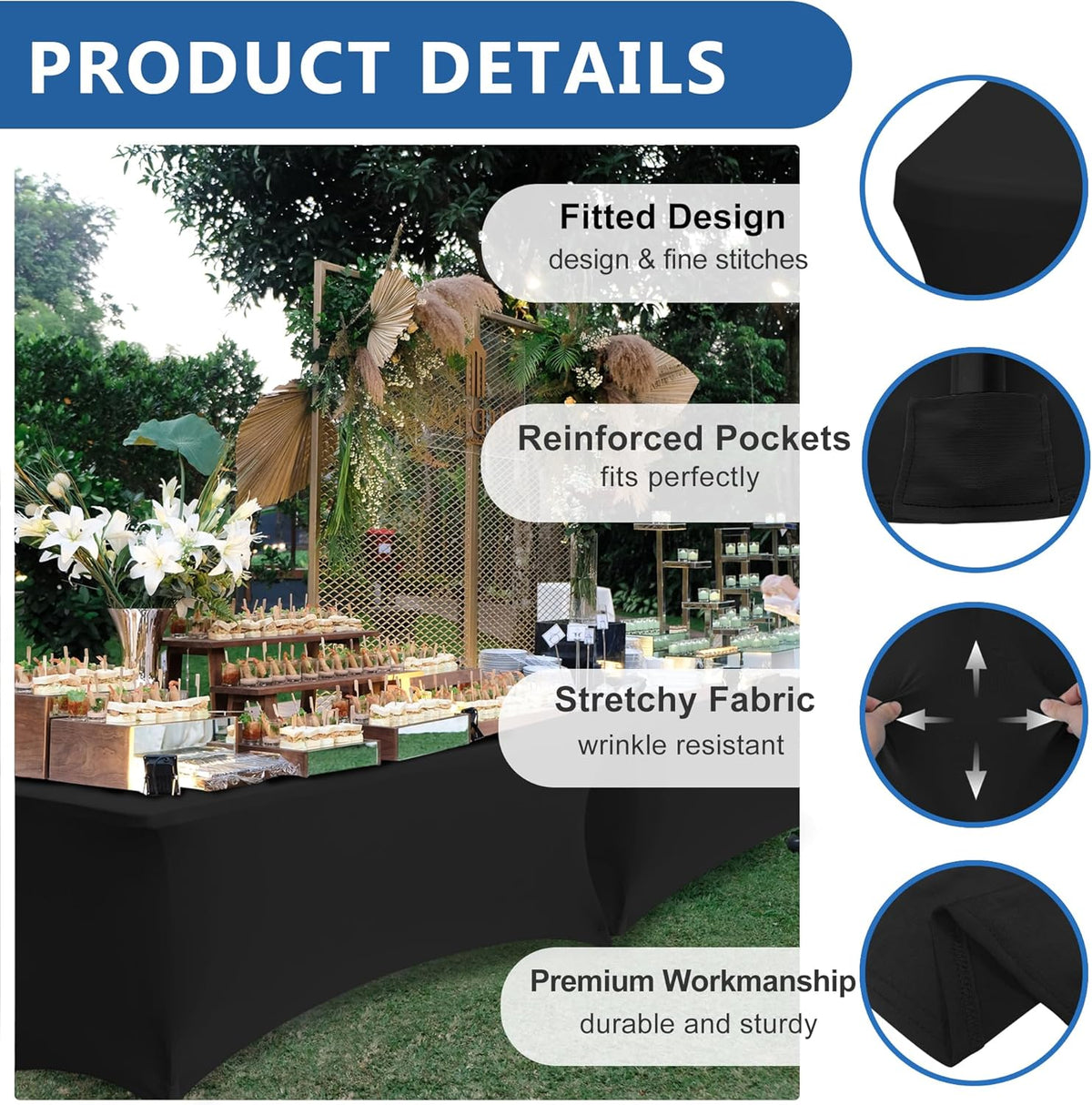 Table Cloths for 6 Foot Rectangle Tables-8 Pack Black Fitted Stretch Table Cover-Spandex Elastic