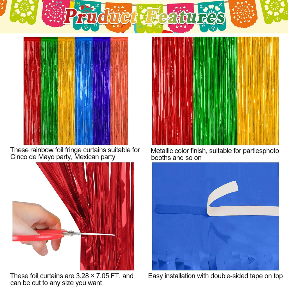2 Pack Cinco De Mayo Decorations, 3.28 FT x 7.05 FT Fiesta Rainbow Backdrop, Mexican Style Fringe