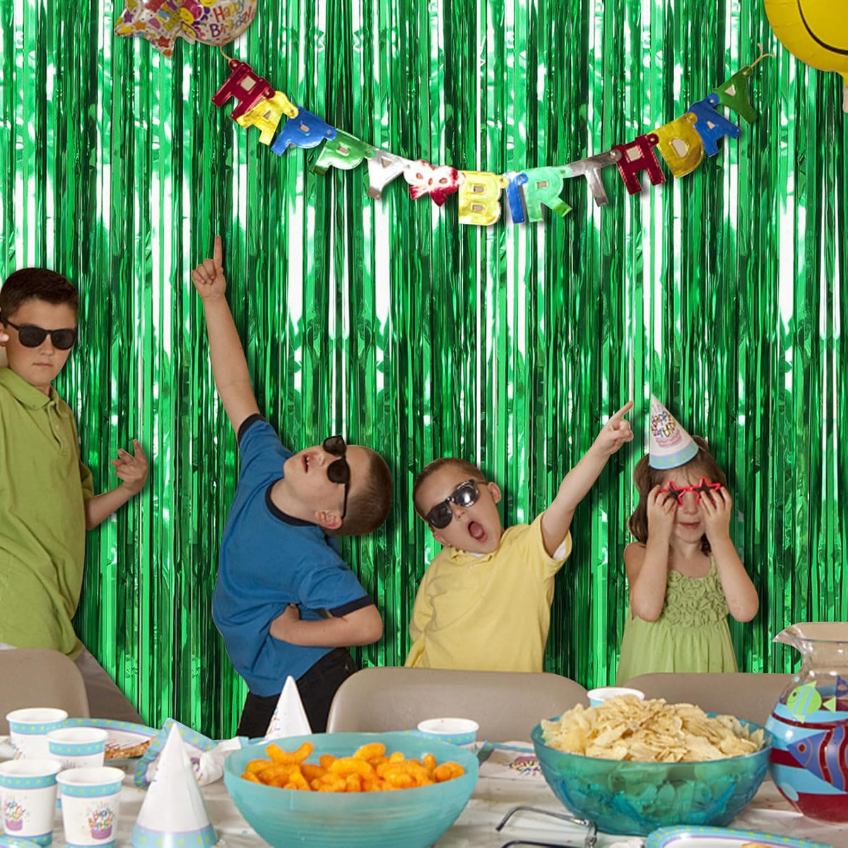 2 Pack Green Streamers Backdrop Jungle Party Decorations Foil Fringe Backdrop Curtains Photo Booth