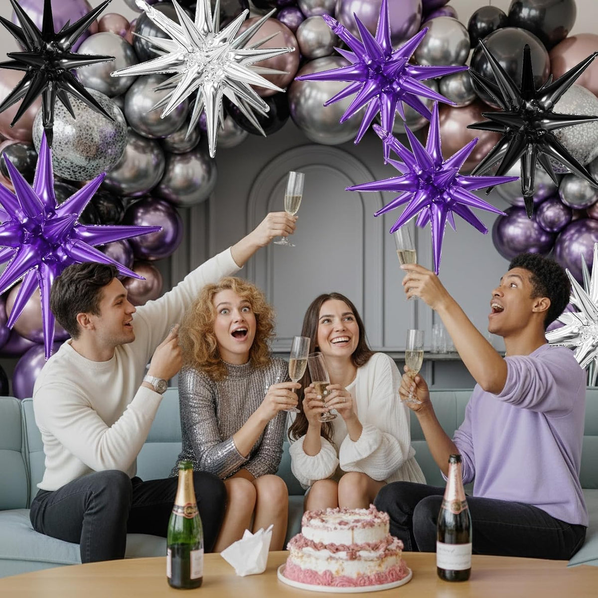 Black Purple Silver Star Balloons,9Pcs 22Inch Black Silver Purple Explosion Spike Cone Helium