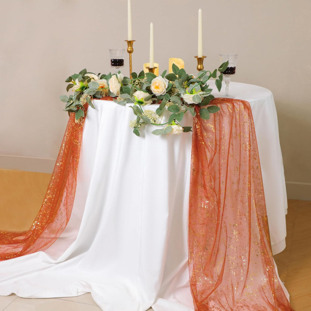 Snowkingdom 10 FT Fall Thanksgiving Table Runner Terracotta Gold Table Runner Burnt Orange Rust