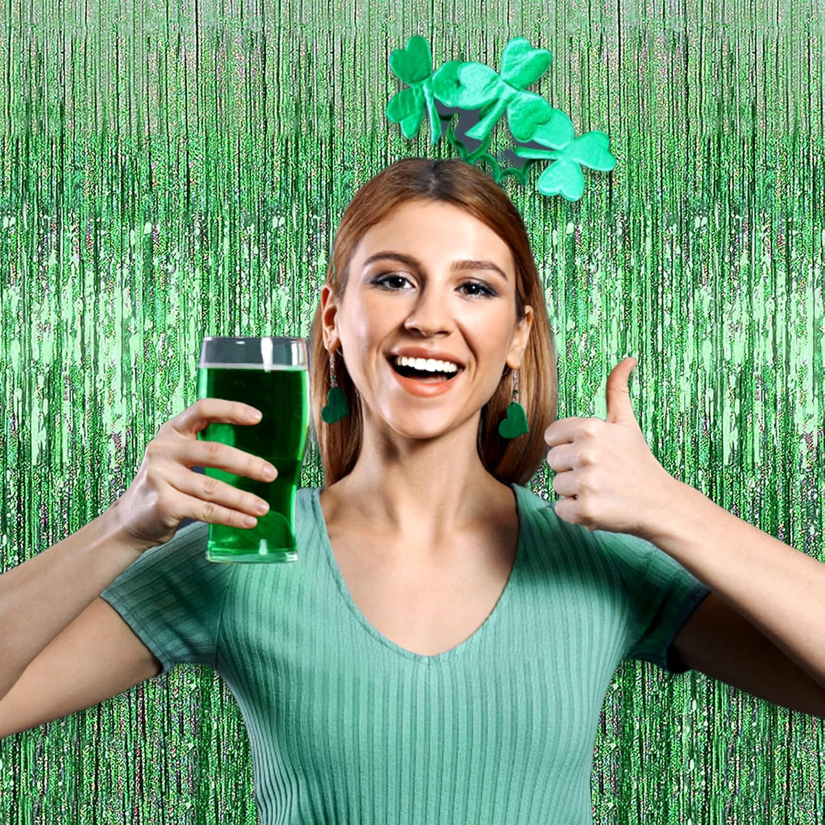 3 Pack Light Green Foil Fringe Curtain Backdrop, 3.28Ft x 8.2Ft Metallic Tinsel Foil Fringe