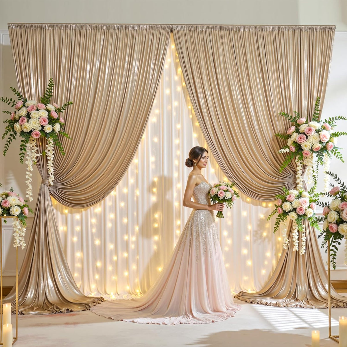 gogoparti 20x10FT Champagne Gold Sequin Backdrop Curtain - 4 Panels of 5x10FT Wrinkle-Free Glitter