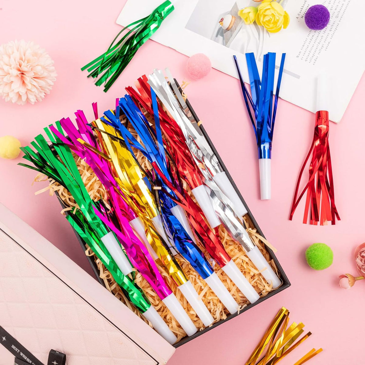 36 Pcs Noise Makers Birthday Blowers Glitter Metallic Fringed Party Blow Horns for Birthday Baby