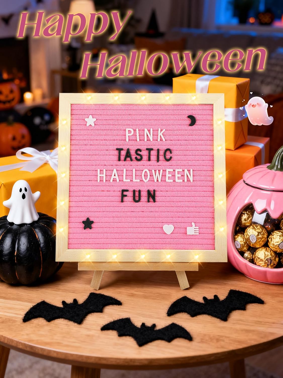 Light up Changeable Felt Letter Board Sign with LED Lights - 10×10" Message Board& Wood Stand& 450